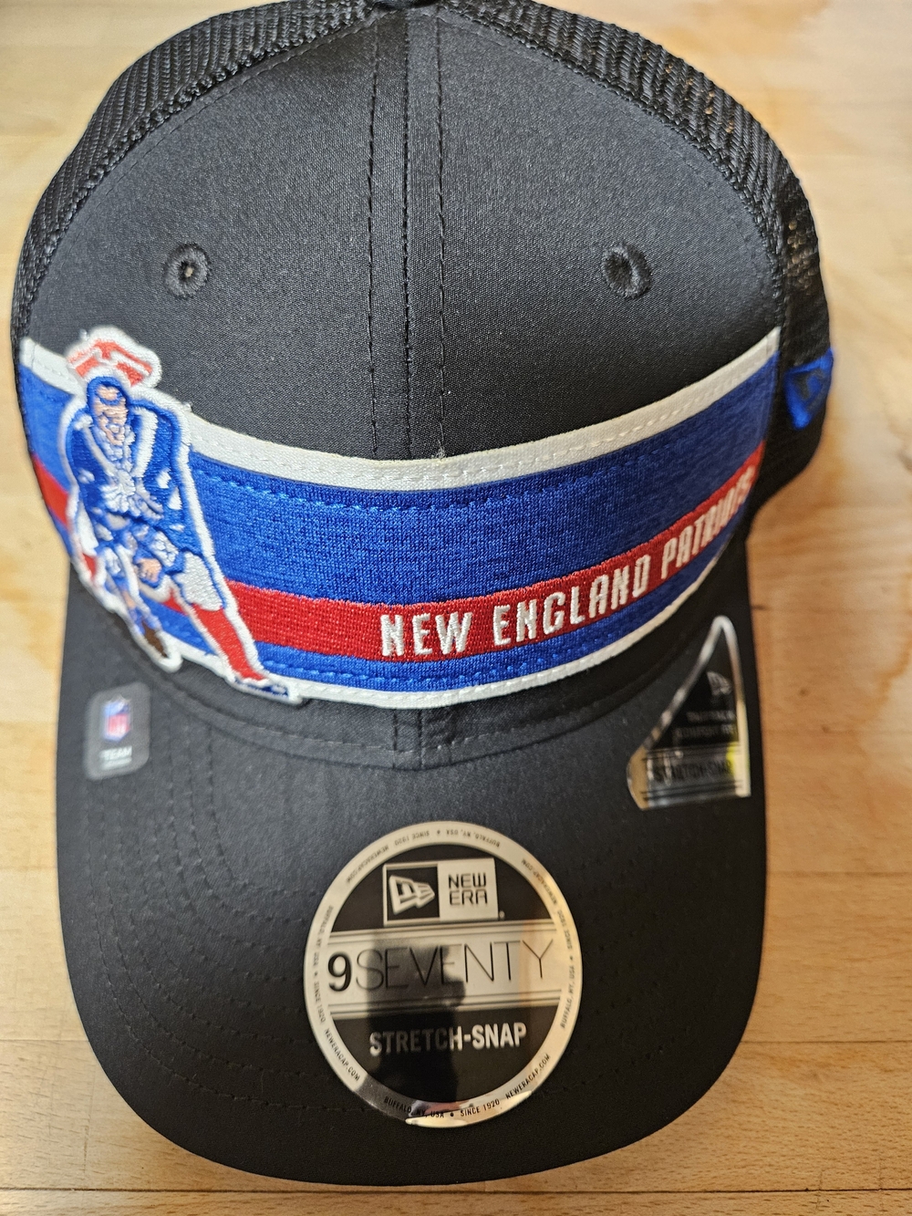 New Era New England Patriots Black Hat with Blue and Red Stripe